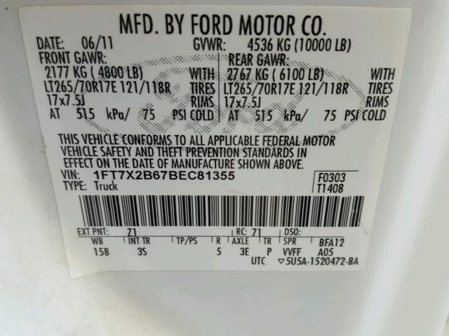 1FT7X2B67BEC81355 - 2011 FORD F250 SUPER WHITE photo 10