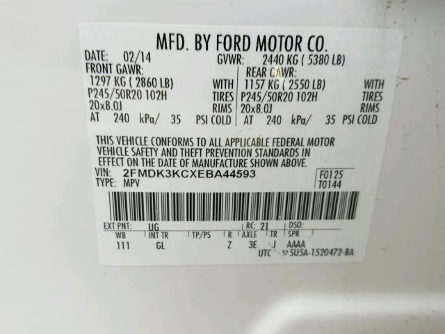 2FMDK3KCXEBA44593 - 2014 FORD EDGE LIMIT WHITE photo 10