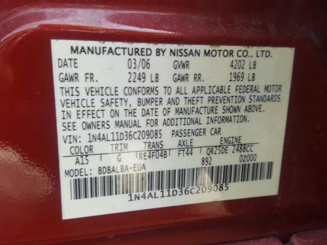 1N4AL11D36C209085 - 2006 NISSAN ALTIMA S RED photo 10