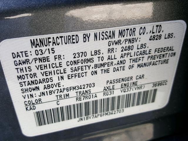 JN1BV7AP6FM342703 - 2015 INFINITI Q50 BASE GRAY photo 10