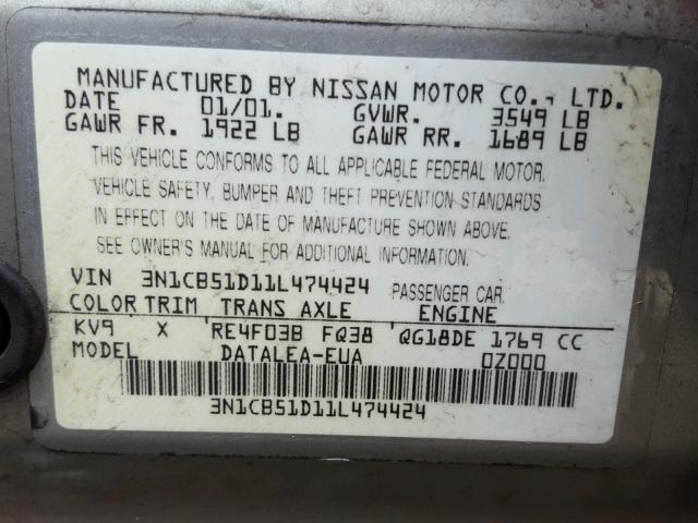 3N1CB51D11L474424 - 2001 NISSAN SENTRA XE SILVER photo 10