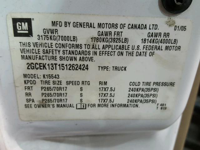 2GCEK13T151262424 - 2005 CHEVROLET SILVERADO WHITE photo 10