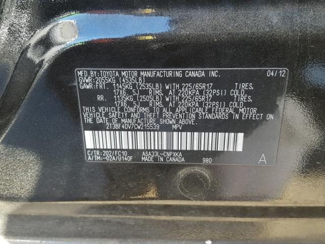 2T3BF4DV7CW215539 - 2012 TOYOTA RAV4 BLACK photo 10