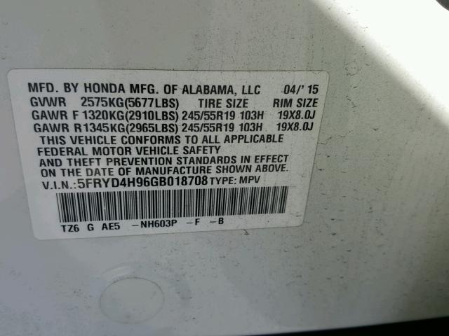 5FRYD4H96GB018708 - 2016 ACURA MDX ADVANC WHITE photo 10