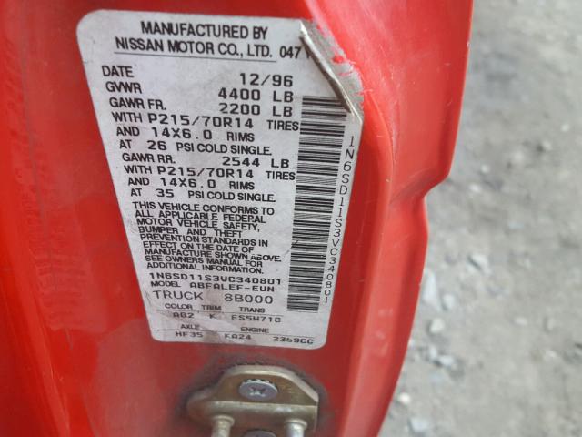 1N6SD11S3VC340801 - 1997 NISSAN TRUCK BASE RED photo 10