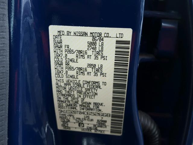 5N1ED28T04C652668 - 2004 NISSAN XTERRA XE BLUE photo 10