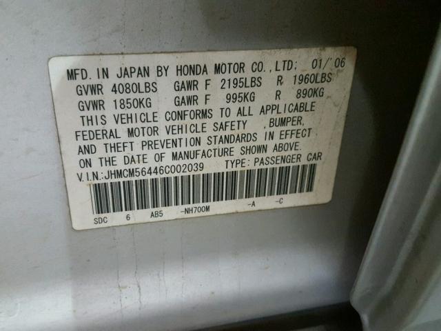 JHMCM56446C002039 - 2006 HONDA ACCORD LX SILVER photo 10