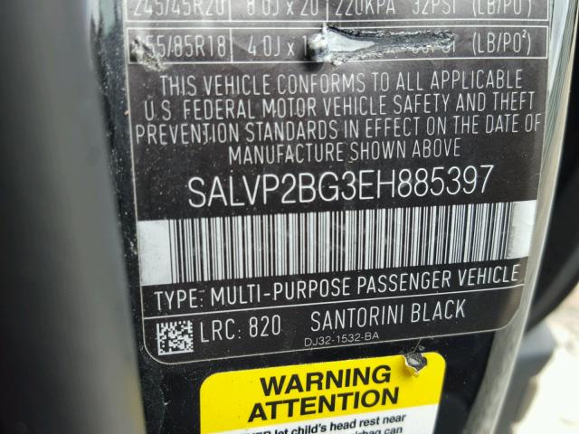 SALVP2BG3EH885397 - 2014 LAND ROVER RANGE ROVE BLACK photo 10