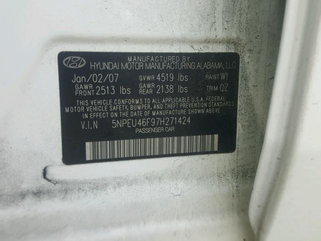 5NPEU46F97H271424 - 2007 HYUNDAI SONATA SE WHITE photo 10