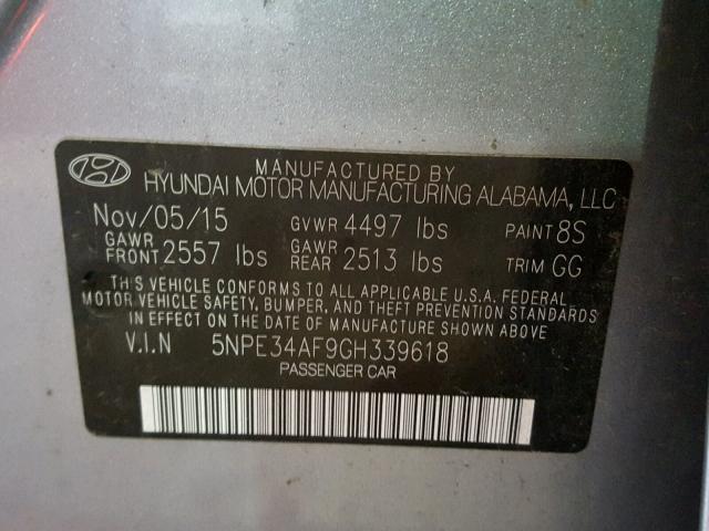 5NPE34AF9GH339618 - 2016 HYUNDAI SONATA SPO SILVER photo 10