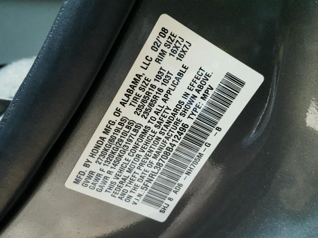 5FNRL38708B412496 - 2008 HONDA ODYSSEY EX GRAY photo 10