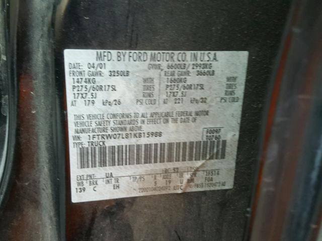 1FTRW07L81KB15988 - 2001 FORD F150 SUPER BLACK photo 10