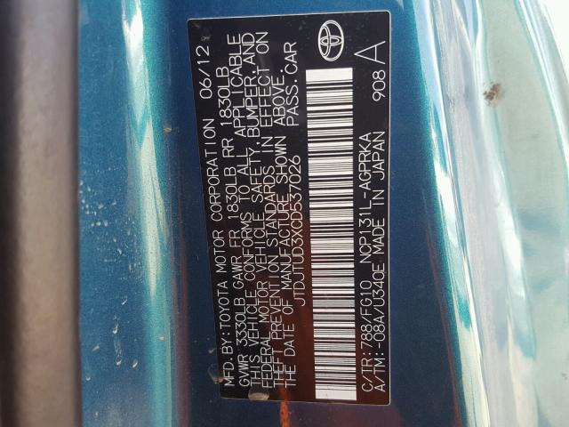 JTDJTUD3XCD537026 - 2012 TOYOTA YARIS BLUE photo 10