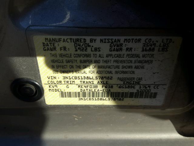 3N1CB51D86L578982 - 2006 NISSAN SENTRA 1.8 GRAY photo 10