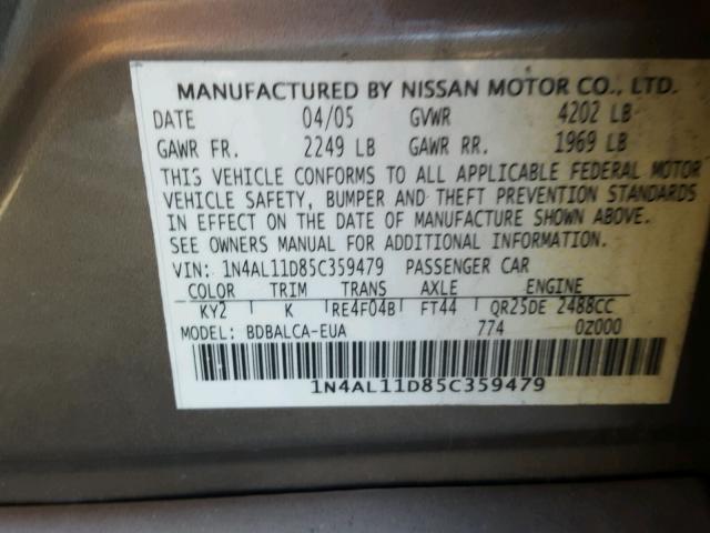 1N4AL11D85C359479 - 2005 NISSAN ALTIMA S GRAY photo 10