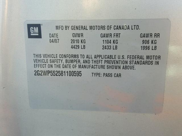 2G2WP552581100595 - 2008 PONTIAC GRAND PRIX SILVER photo 10