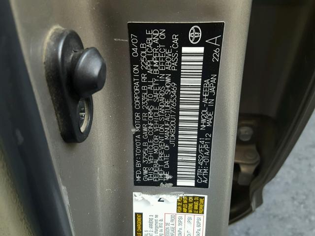 JTDKB20U177653469 - 2007 TOYOTA PRIUS BROWN photo 10