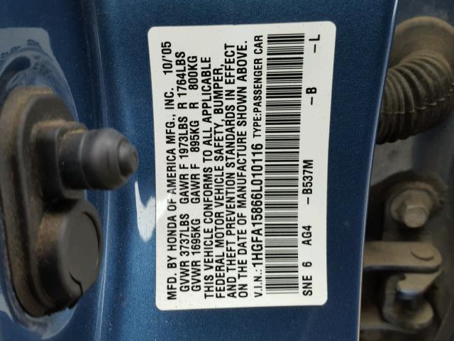 1HGFA15866L010116 - 2006 HONDA CIVIC EX ლურჯი ფოტო 10