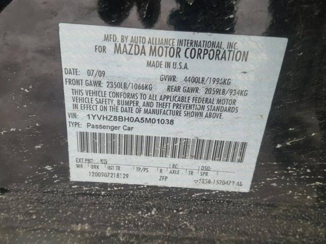 1YVHZ8BH0A5M01038 - 2010 MAZDA 6 I BLACK photo 10