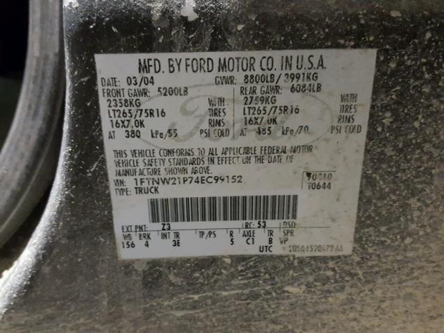 1FTNW21P74EC99152 - 2004 FORD F250 SUPER GRAY photo 10