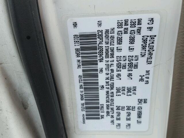 2C8GP74L02R694784 - 2002 CHRYSLER TOWN & COU 白色 照片 10