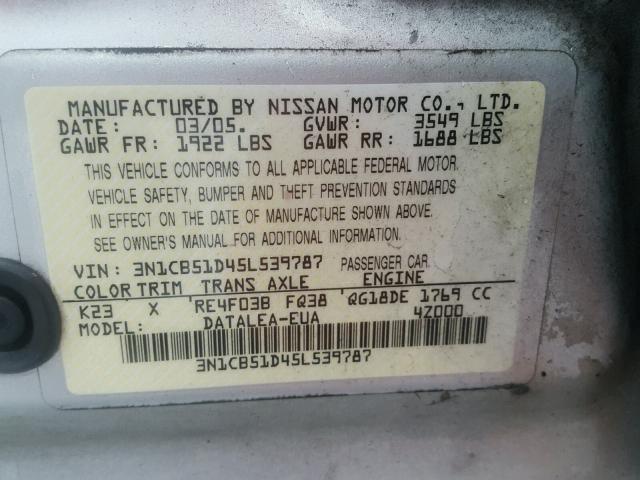 3N1CB51D45L539787 - 2005 NISSAN SENTRA 1.8 SILVER photo 10