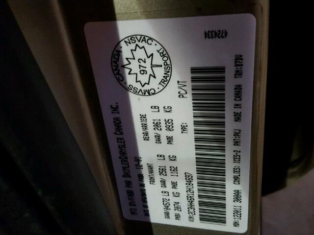 2C3HH46R12H184697 - 2002 CHRYSLER INTREPID S ოქროსფერი ფოტო 10