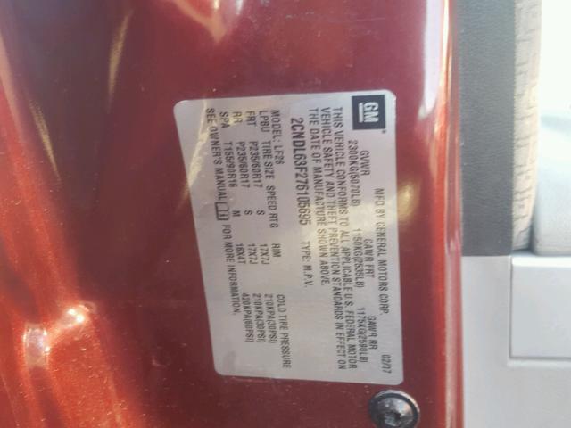 2CNDL63F276105695 - 2007 CHEVROLET EQUINOX LT BURGUNDY photo 10