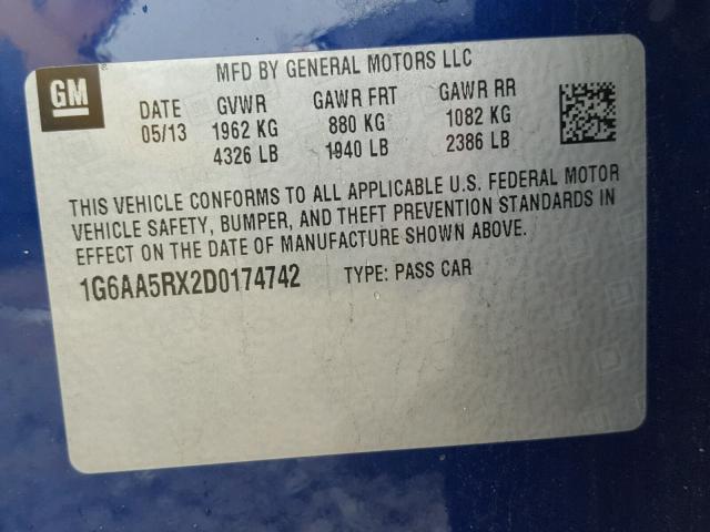 1G6AA5RX2D0174742 - 2013 CADILLAC ATS BLUE photo 10