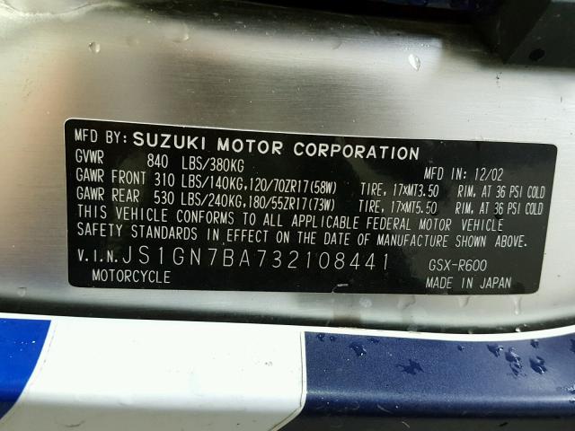 JS1GN7BA732108441 - 2003 SUZUKI GSX-R600 BLUE photo 10