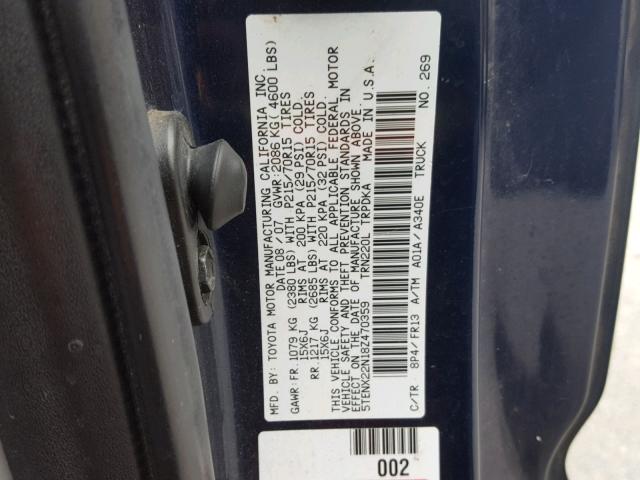 5TENX22N18Z470359 - 2008 TOYOTA TACOMA BLUE photo 10