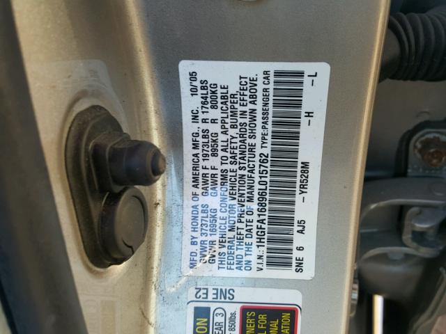 1HGFA16896L015762 - 2006 HONDA CIVIC EX TAN photo 10