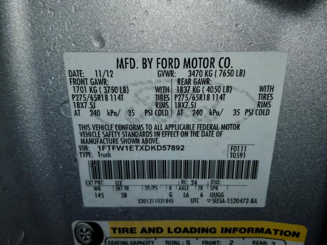 1FTFW1ETXDKD57892 - 2013 FORD F150 SUPER SILVER photo 10