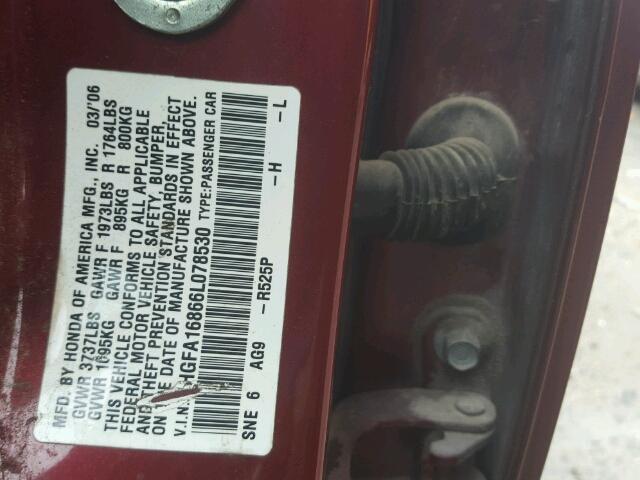1HGFA16866L078530 - 2006 HONDA CIVIC EX Bordo foto 10
