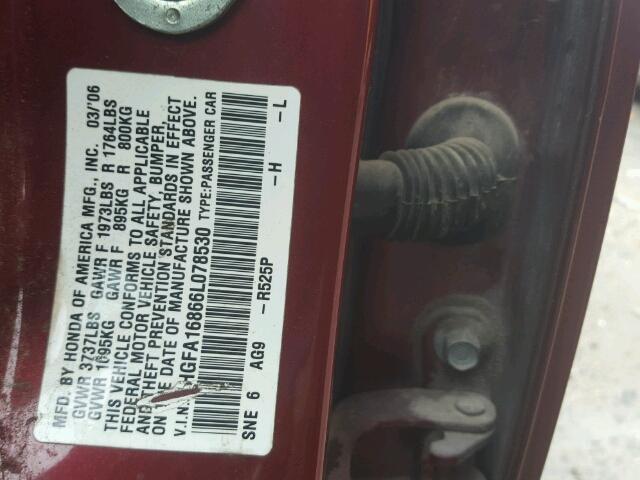 1HGFA16866L078530 - 2006 HONDA CIVIC EX BURGUNDY photo 10