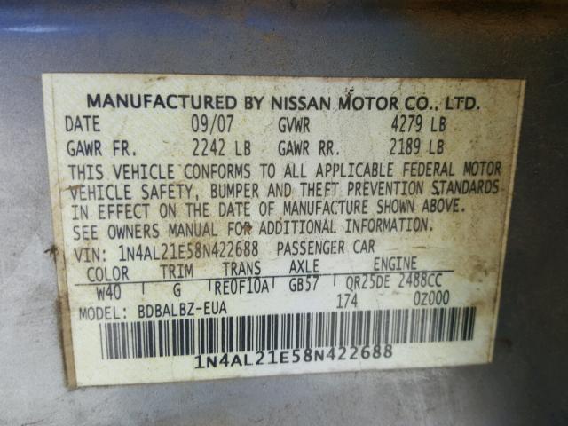 1N4AL21E58N422688 - 2008 NISSAN ALTIMA 2.5 SILVER photo 10