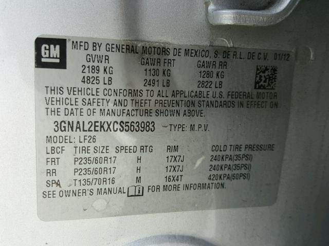 3GNAL2EKXCS563983 - 2012 CHEVROLET CAPTIVA SP SILVER photo 10