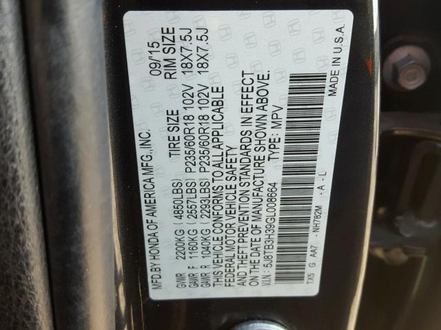 5J8TB3H39GL008664 - 2016 ACURA RDX BASE CHARCOAL photo 10