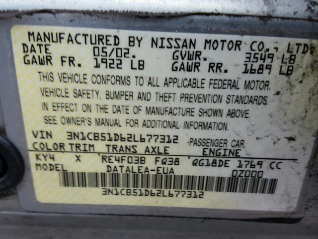 3N1CB51D62L677312 - 2002 NISSAN SENTRA XE SILVER photo 10