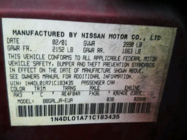 1N4DL01A71C183435 - 2001 NISSAN ALTIMA GXE BURGUNDY photo 10