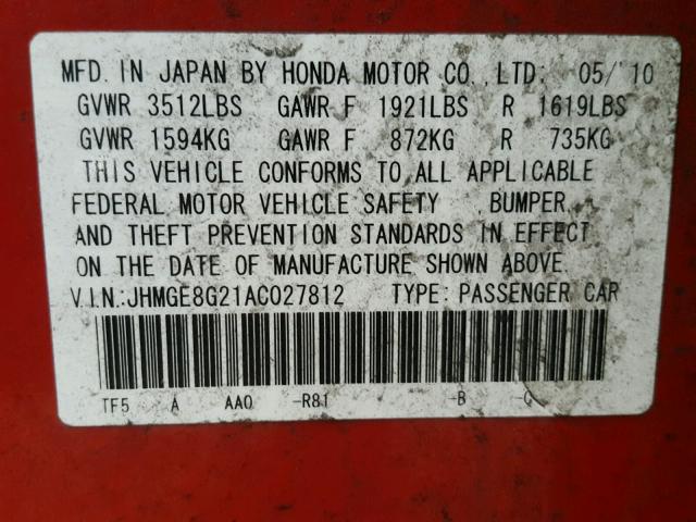 JHMGE8G21AC027812 - 2010 HONDA FIT RED photo 10