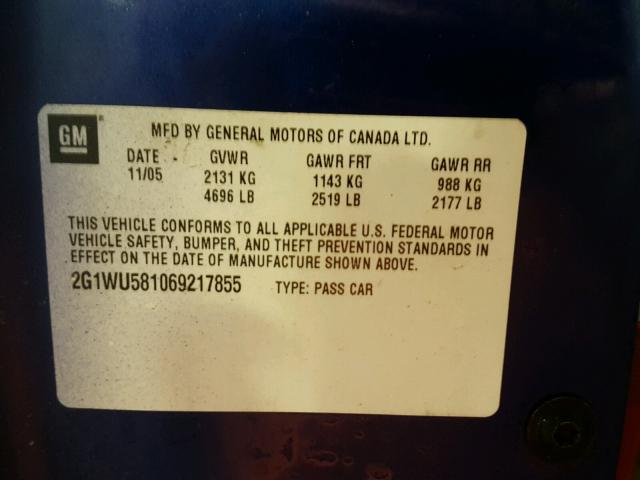 2G1WU581069217855 - 2006 CHEVROLET IMPALA LTZ BLUE photo 10