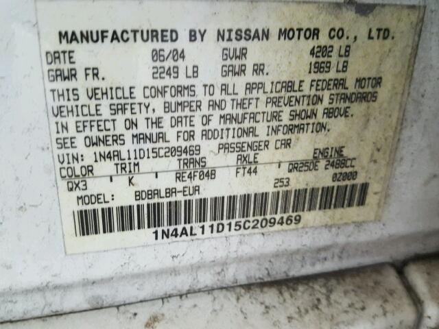 1N4AL11D15C209469 - 2005 NISSAN ALTIMA S WHITE photo 10