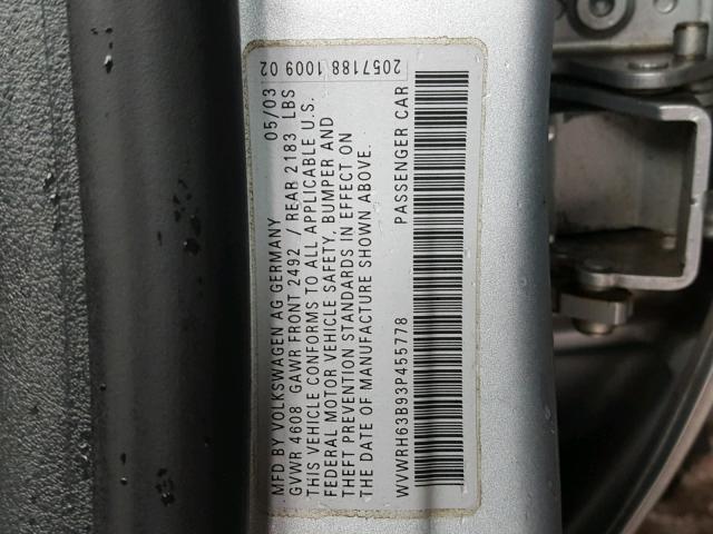 WVWRH63B93P455778 - 2003 VOLKSWAGEN PASSAT GLX SILVER photo 10