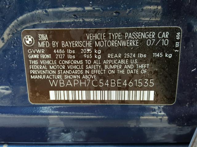 WBAPH7C54BE461535 - 2011 BMW 328 I BLUE photo 10