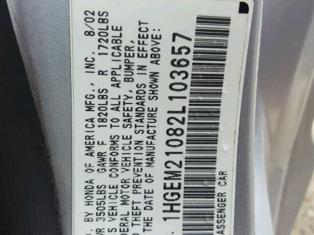 1HGEM21082L103657 - 2002 HONDA CIVIC EX Gümüş foto 10