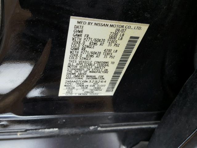 1N6AA07C48N329264 - 2008 NISSAN TITAN XE BLACK photo 10