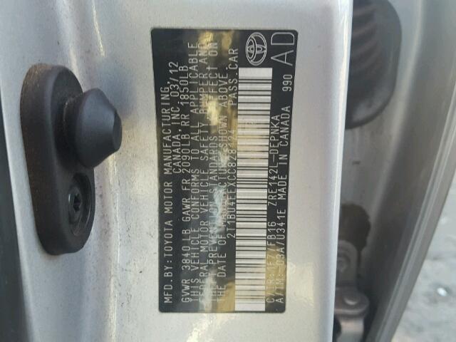 2T1BU4EEXCC828124 - 2012 TOYOTA COROLLA BA SILVER photo 10