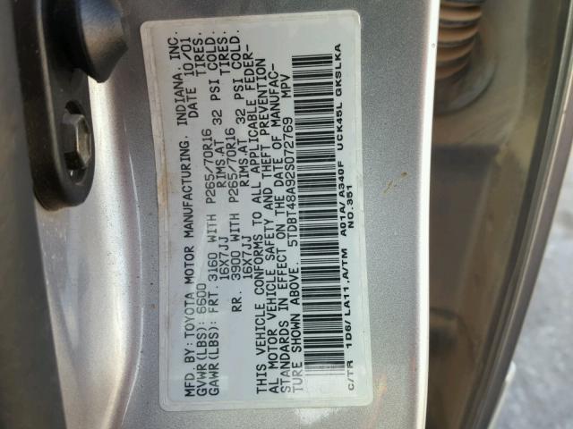 5TDBT48A92S072769 - 2002 TOYOTA SEQUOIA LI SILVER photo 10