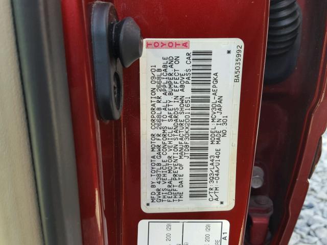 JTDBF30KX20011651 - 2002 TOYOTA CAMRY LE RED photo 10